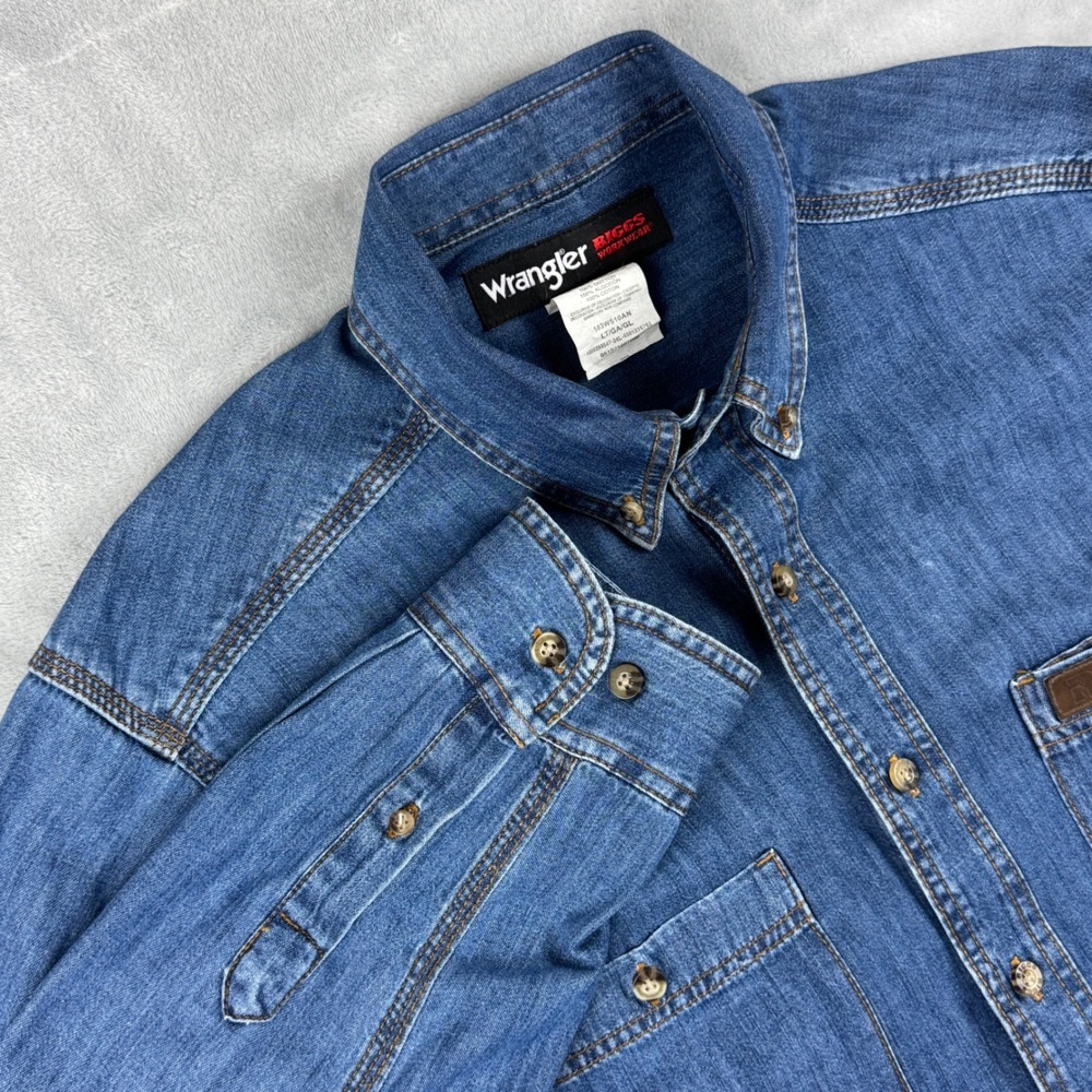 Wrangler Western Cowboy Biggs Workwear Mens Long Sleeve Denim Shirt Size LT